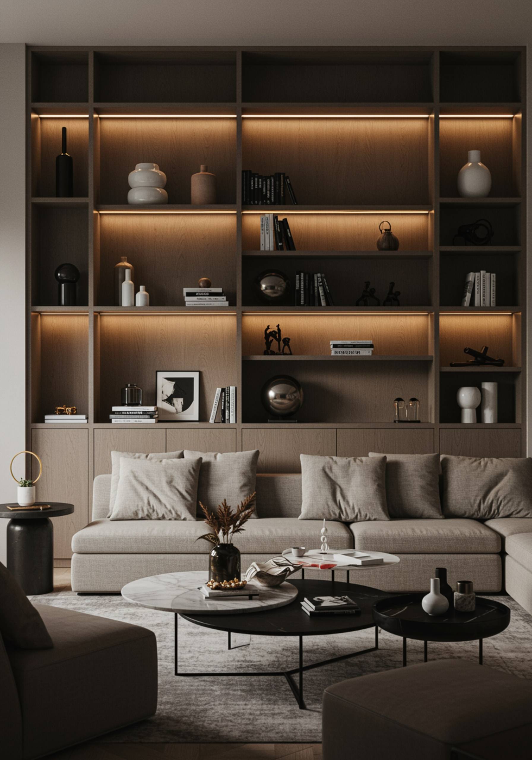 im seccion 3 1 "Salón moderno y remodelado con muebles de alta calidad, paleta de colores neutros y estanterías empotradas iluminadas, destacando la artesanía excepcional."