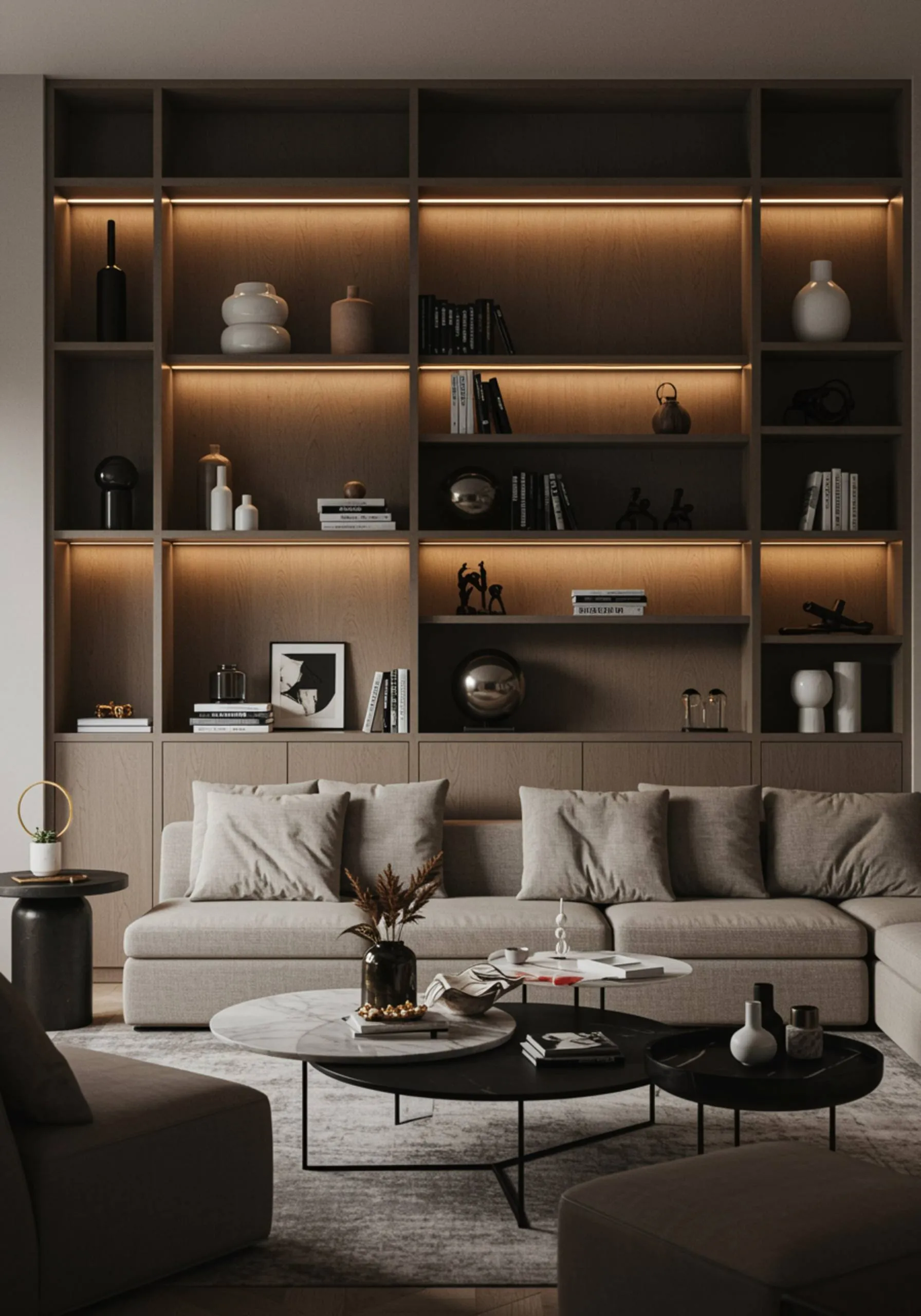 im seccion 3 1 "Salón moderno y remodelado con muebles de alta calidad, paleta de colores neutros y estanterías empotradas iluminadas, destacando la artesanía excepcional."