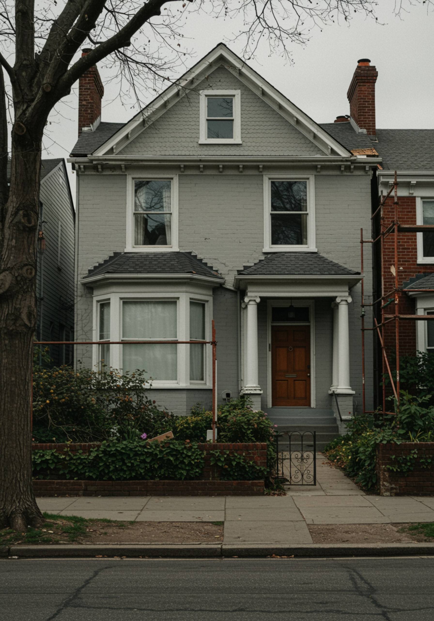 im seccion 3 2 "Renovación exterior de casa clásica con pintura fresca, paisajismo actualizado y entorno ordenado bajo un cielo claro, destacando calidad y atención al detalle."