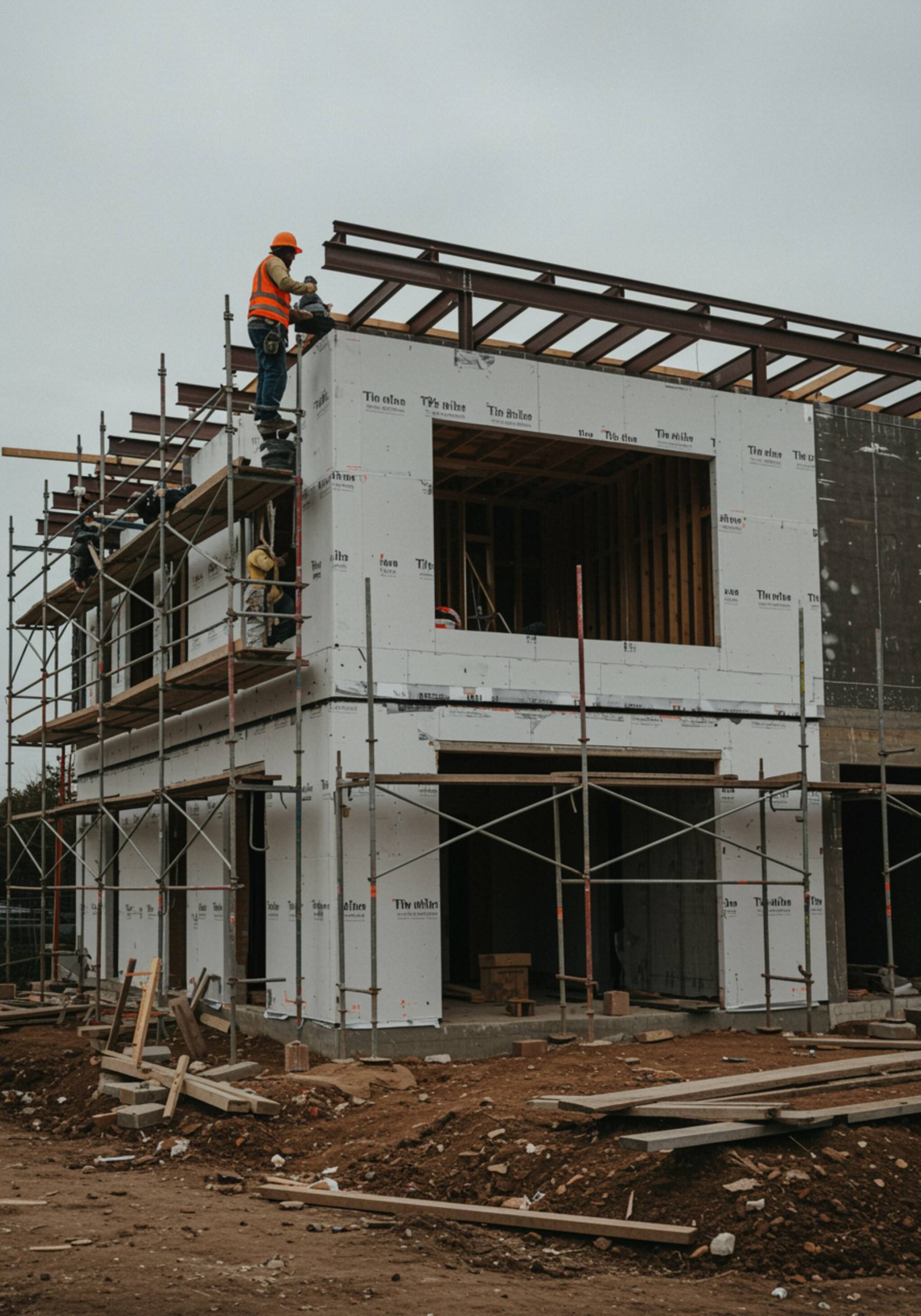 im seccion 3 3 "Proyecto de construcción de una moderna casa unifamiliar con vigas de acero expuestas y paneles exteriores blancos, capturada desde un ángulo dinámico."