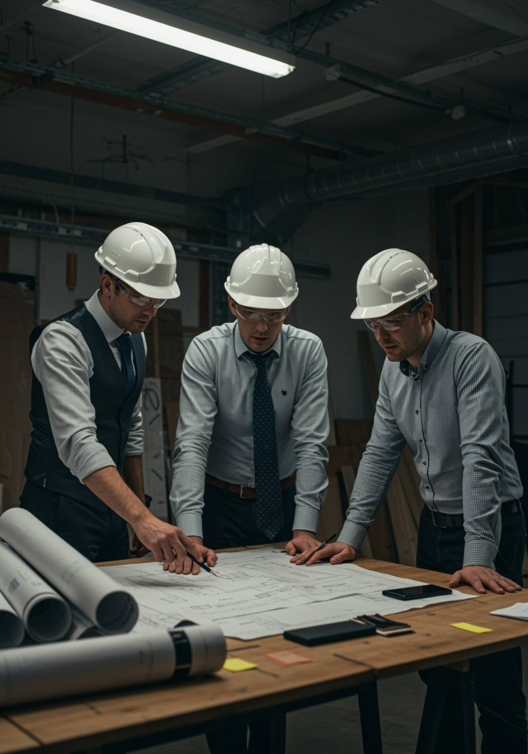 img seccion 4 "Foto de tres especialistas en construcción y renovación revisando planos en una oficina con estilo industrial, ideal para la sección 'Sobre Nosotros' de una empresa."