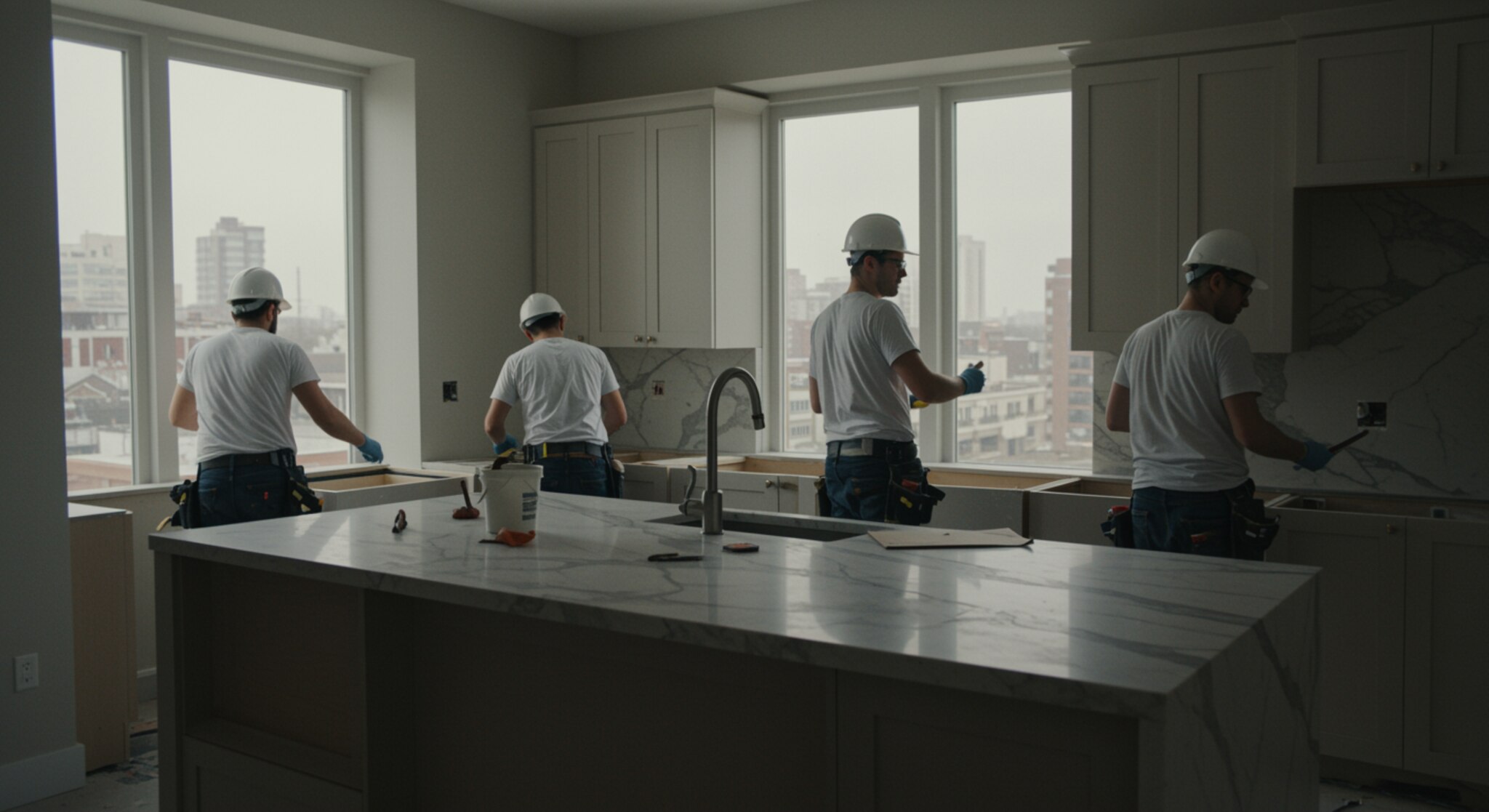 img seccion 1 "Renovación de cocina moderna con encimeras de mármol y carpinteros instalando mobiliario a medida en un ambiente iluminado por luz natural."