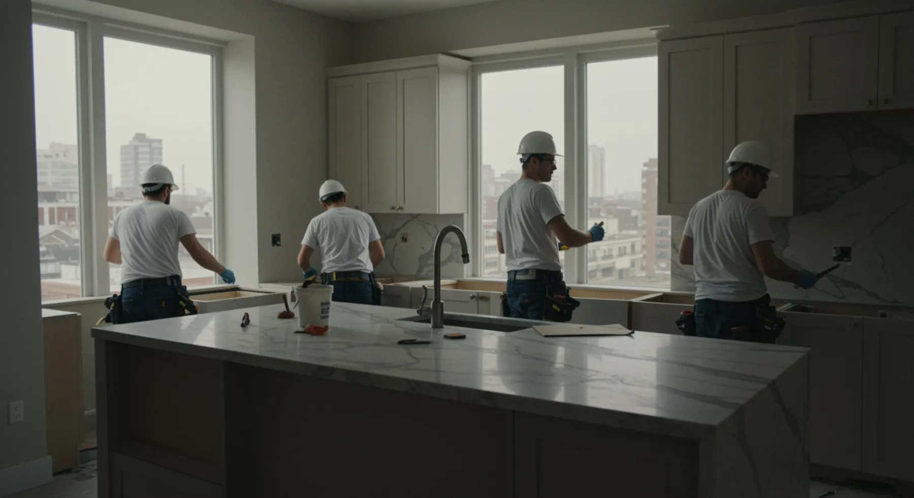 img seccion 1 "Renovación de cocina moderna con encimeras de mármol y carpinteros instalando mobiliario a medida en un ambiente iluminado por luz natural."